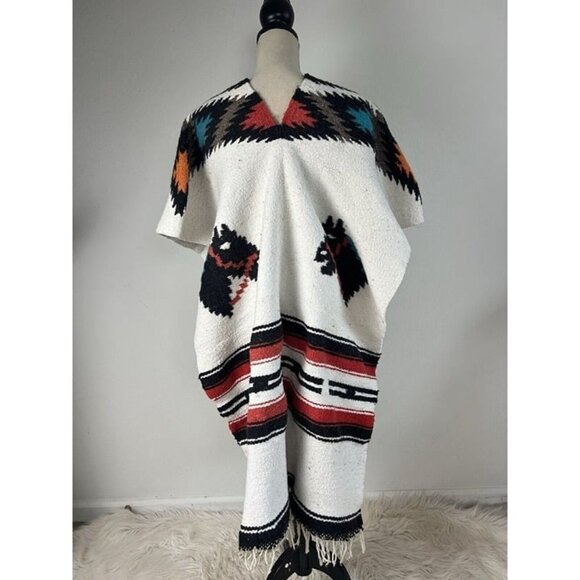 Native Mexican Horse Poncho Heavy Blanket Aztec Southwest Serape Fringe OS - Picture 9 of 12
